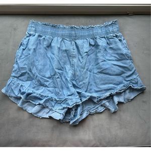 Aerie Ruffle Chambray Denim Pull On Camp Shorts